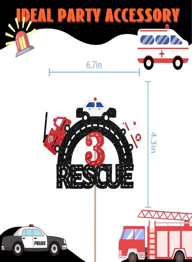 SUPERLUBY Emergency Vehicle 3rd Birthday Cake Topper, Rescue Vehicle Three Cake Topper for Boy, Fire Truck Police 3 Years Old Birthday Cake Decor, Vehicle Car 3rd Anniversary Party Decoration - Black Glitter - Image 2